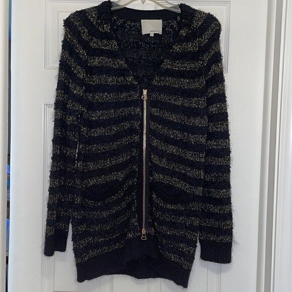 3.1 Philip Lim Black & Gold Metallic Stripe Cardigan - Picture 4 of 10